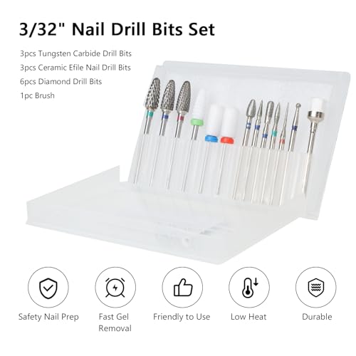 13PCS Nail Drill Bits Set, 3/32¡± Professional Nail Drill Bits, Tungsten Carbide Ceramic Efile Cuticle Remover Bits with Brush, Brocas para u?as for Home Salon Nail Manicure
