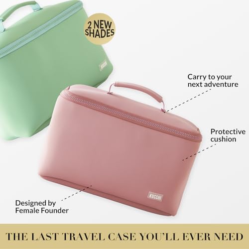 KUSSHI Neoprene Train Case Makeup Bag - Washable Makeup Travel Bag & Vanity Case for Stress Free Travel (Large, Mauve/Stone)