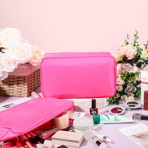 Hushee 4 Pcs Nylon Makeup Bag Preppy Zipper Pouch Waterproof Nylon Toiletry Storage Bag for Women(Small,Hot Pink)