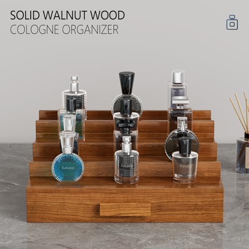 Cologne Organizer for Men,4 Tier Walnut Wood Cologne Stand,Cologne Shelf Display Holder with Hidden Storage and Drawer,Perfume Stand Organizer Great Gift for Men,Walnut