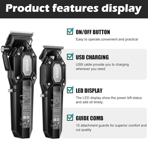 VGR Professional Hair Clippers for Men, Cordless Barber Clippers and Trimmers Set, Mens Hair Cutting Kit with 10 Guide Combs, USB Rechargeable Haircut Machine for Family, LED Display, Black