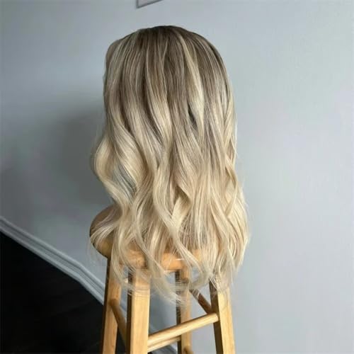 Short Bob Ash Blonde Lace Frontal Wig Human Hair Brown Highlight 13x4 Water Wave HD Transparent Lace Front Human Hair Wigs For Women 180% Density Brazilian Hair Blonde Highlight Wigs 12Inch