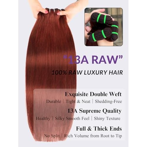 13A Double Drawn Reddish Brown Straight Human Hair Bundles, Full and Thick Copper Red 100% Brazilian Raw Hair 3 Weave Auburn Colored 33B Brownish Straight Bundles 10 12 14 Inch Sew In