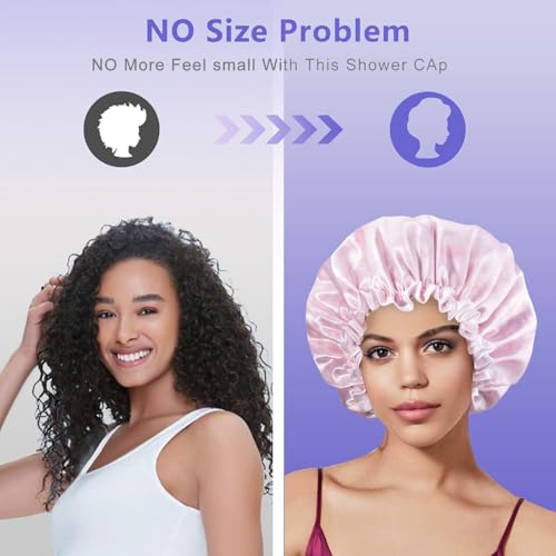 Aquior Shower Caps, Reusable Shower Cap for Women, Double Layer Waterproof Bonnet Hair Cap, Large Size for All Hair Lengths,for Girls Spa Home Salon Use (Pink Cloud)