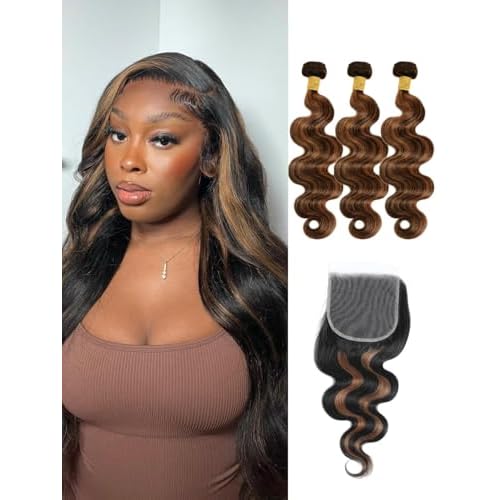 12A F1B/30 Highlight Bundles With 5x5 Closure Body Wave Human Hair 16 18 20+16 IN, Thick Ombre Balayage Honey Blonde Colored Bundles With HD Transparent Lace Closure 100% Remy Hair