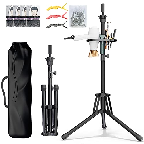 Wig Head Stand Adjustable Height - Upgrade Wig Tripod Stand with Reinforced Tool Tray , Foldable Mannequin Head Stand for Beauty and Hairdressing Styling Training (Additional 1 Free Accessory)
