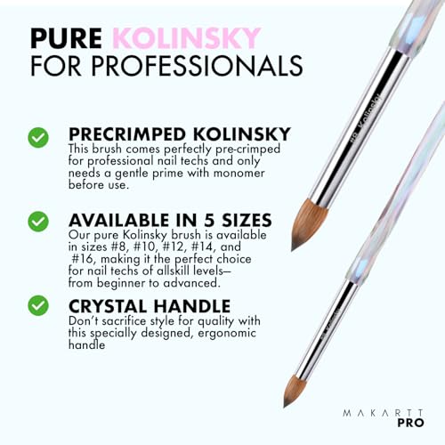 MakarttPro Kolinsky Crimped Acrylic Nail Brush for Acrylic Powder and EMA Monomer Application, Made for Professional Nail Technicians and Beginner Nail Students, Size #8