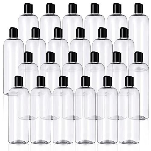 Nuenen 24 Pieces Plastic Empty Bottles Clear Squeeze Travel Containers with Black Disc Cap Refillable Shampoo Travel Bottles for Toiletries Lotion Container for Body Soap Cream(16 oz)
