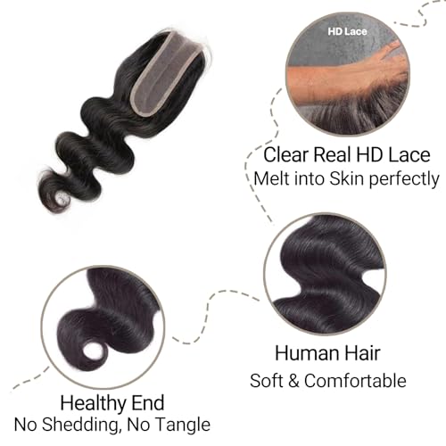 2x6 HD Lace Closure Body Wave Human Hair ? 12 Inch Ultra-Thin 0.10mm Melt Swiss Lace Closure, Pre-Plucked with Tiny Knots, Virgin Hair with Natural Hairline