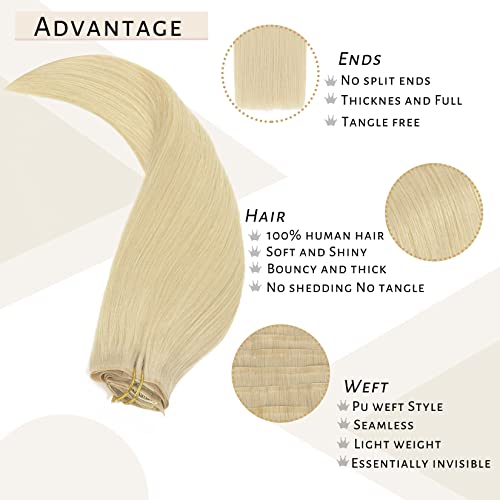 Caliee Straight Clip in Hair Extensions Human Hair 7Pcs 110G Invisible PU Weft Clip in Human Hair Extensions 60A Platinum Blonde Real Hair Extensions Clip in Human Hair for Women 18Inch