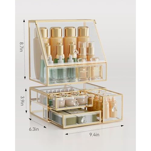 Makeup Organizer for Vanity, Clear Makeup Organizer with Drawer, Skincare Holder for Bathroom Countertop,Cosmetic Display Case for Dresser