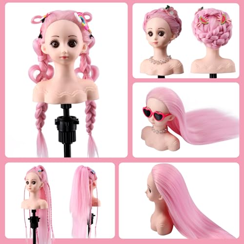 Anstar Hair Styling Doll Head for Girls Styling Head for Kids Mannequin Head with Pink Hair Doll Head for Hair Styling Braiding Cosmetology Manikin Head with Clamp Holder and Tools