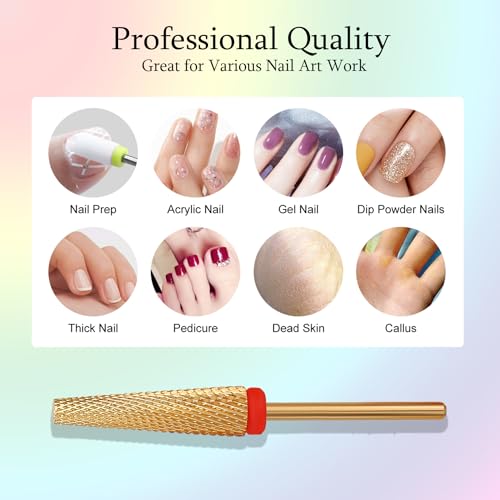Super Long 5 in 1 Nail Drill Bits, Professional 3/32'' Carbide Tungsten Two Way Rotary Advanced Safety Bits, Fast Remove for Manicure Pedicure Cuticle Acrylic Nails (Gold, Fine-F)