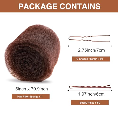 Hair Sponge for Updo & Volume Bumps Tool, Hair Filler for Thin Hair, Dark Brown Sponge for Updo with 100 Bobby Pins, 70 Inch, Salon Must-Have (Dark Brown)