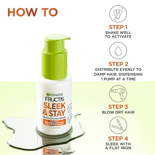 Garnier Fructis Sleek and Shine Sleek and Stay Hair Serum for Frizzy, Dry Hair, Heat Protectant Formulated with Alpha Silane, 1.7 Fl Oz(Packaging May Vary)