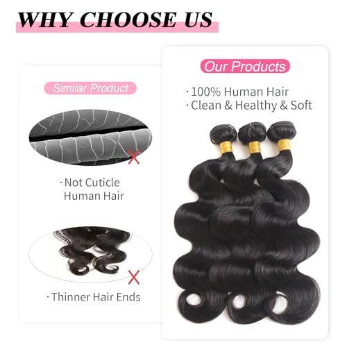 Human Hair Bundles 26 26 26 Inch Body Wave 3 Bundles Human Hair 12A Grade 100% Unprocessed Brazilian Virgin Hair Bundles Human Hair Extensions for Women Natural Black Color