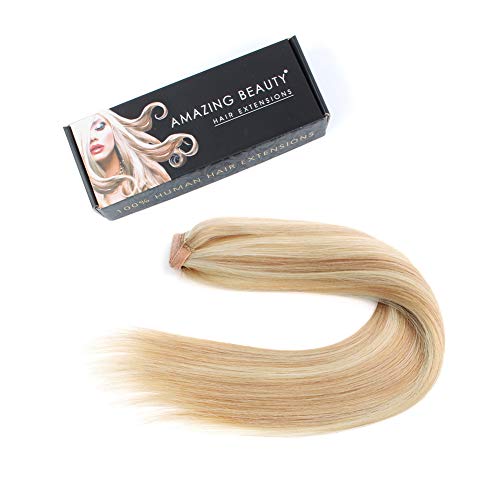 ABH AMAZINGBEAUTY HAIR Hair Women Ponytail Extension, Remy Human Hair, Wrap in Easy to Use, 100 Gram, Dirty Blonde with Platinum Blonde Highlights P12-60 Color, 20 Inch
