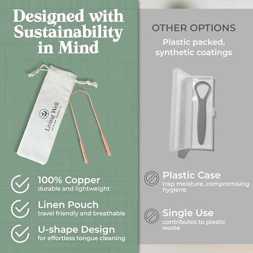 Living Well with Dr. Michelle Copper Tongue Scraper - Premium Metal Tongue Cleaner for Adults & Kids - Eliminate Bad Breath & Enhance Oral Hygiene - Includes Travel Bag