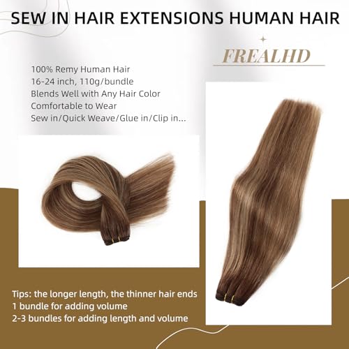Sew in Hair Extensions Real Human Hair, 110g 20 inch Ombre Color 4/27/4 Balayage Chocolate Brown to Caramel Blonde Double Weft Weave Bundles Remy Human Hair Extensions Straight