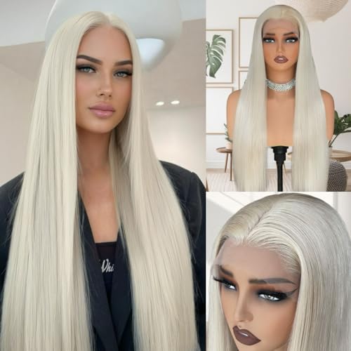 Platinum Blonde Wig Human Hair Pre Plucked HD Transparent Long Straight Wigs Silver Ash White 613 Blonde Lace front Wig For Women T Part Remy Vietnamese Hair 22 Inch 180%