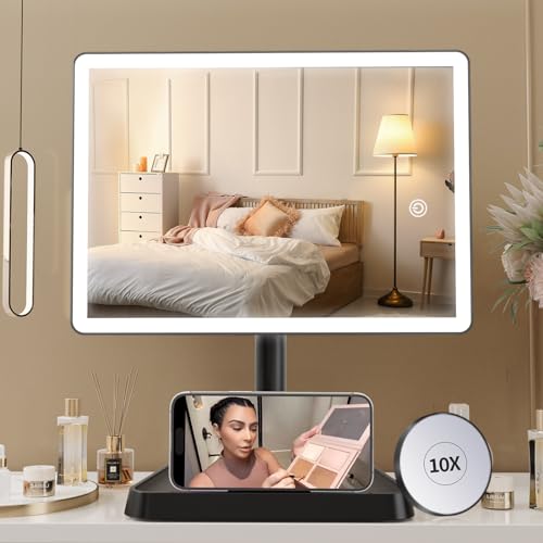 FUNTOUCH Rechargeable Makeup Vanity Mirror with Lights, Large Lighted Desk Makeup Mirror with 96 LED Lights and 10x Magnifying, 3 Color Lighting, Make up Light Mirror with Phone Holder