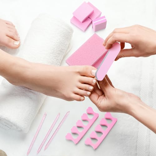50 Sets Disposable Pedicure Kit Individually Package 5 in 1 Pedicure Tools Pumice Stone Nail File 80/100 Grit Mini Buffer Toe Separator Cuticle Pusher Clear Bag for Salon Home(Pink)