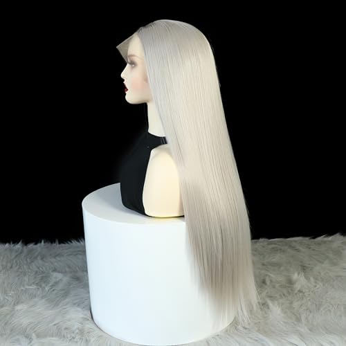 Synthetic Lace Front Wigs For Women Silver Grey Free Part Long Straight Glueless Heat Resistant Fiber Hair Cosplay Party Wigs