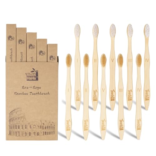 Bamboo Toothbrushes for Adults, BPA-Free Soft Tapered Bristles, Eco-Friendly Natural Organic Wooden Toothbrush, 10-Count Toothbrushes Travel Set