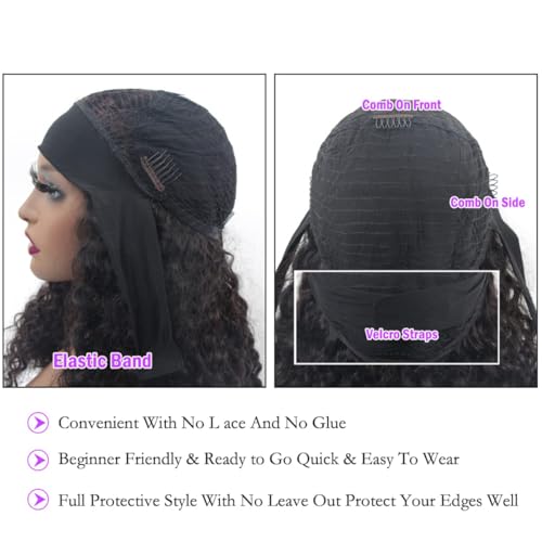 Long Headband Wig Human Hair Water Wave Headband Wigs for Women Curly Wigs Glueless No Lace Front Wig Brazilian Virgin Human Hair 180% Density Natural Black Color 28Inch