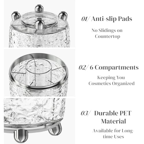 Rotating Makeup Brush Holder, Dustproof Cosmetic Tools Organizer with Lid, 360¡Æ Spinning Covered Brushes Storage with Anti-slip Pads for Vanity, Bathroom Countertop & Bedside Table, Clear