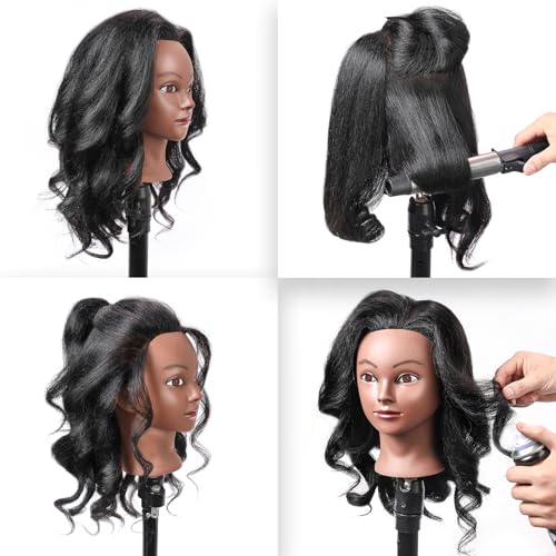 Mannequin Head with 100% Real Hair, 14" Cosmetology Mannequin Manikin Training Practice Doll Head for Hairdresser Braiding Hair Styling Hairdressing and Clamp Holder- Black