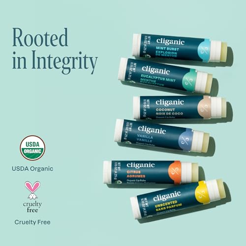 Cliganic Organic Lip Balm Set (6 Flavors) - 100% Natural Hydrating, Moisturizing for Dry Cracked Lips, for Men & Women