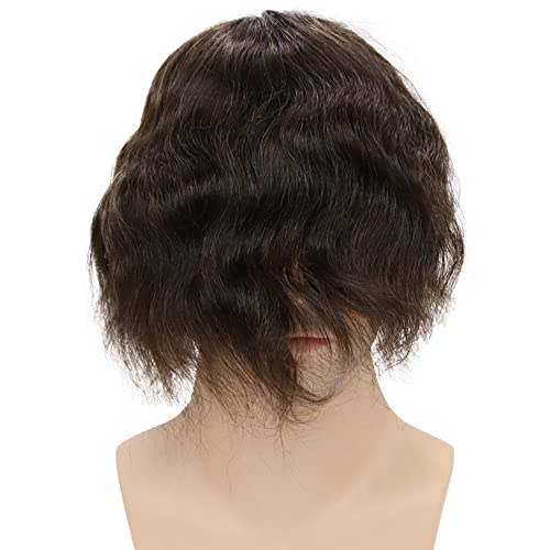 Toupee for Men European Real Human Hair Replacement Systems Men Hairpieces Fino Mono Lace Center Thicker Skin PU Hair Piece for Man Wigs 8x10 Inches #3 Dark Brown Color