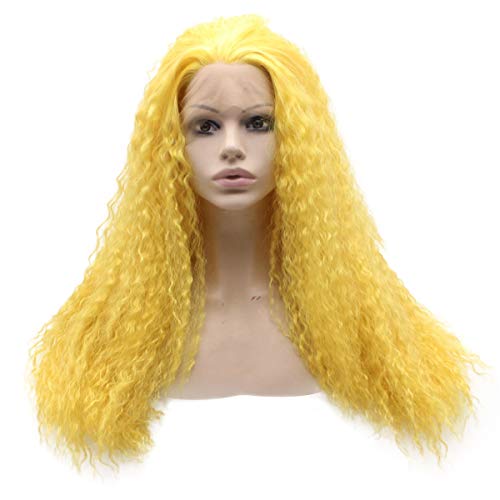 MX angel Long Curly Lace Front Synthetic Hair Yellow Cosplay Party Wig Heat Resistant Fiber