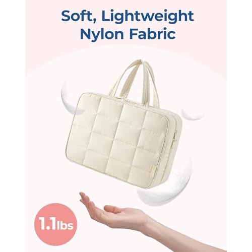BAGSMART Travel Toiletry Bag with Jewelry Organizer, Hanging Travel Bag for Toiletries, Puffy Makeup Cosmetic Bag Organizer, Carry-on Travel Accessories Essentials, Beige-M