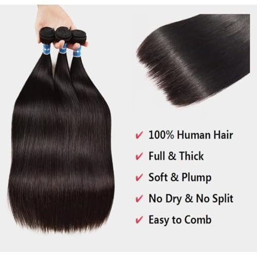 Straight Bundles Human Hair with 4X4 Lace Closure 20 22 24 with 18 Inch 100% Unprocessed Virgin Human Hair Bundles with Swiss Lace Closure Free Part Natural Color