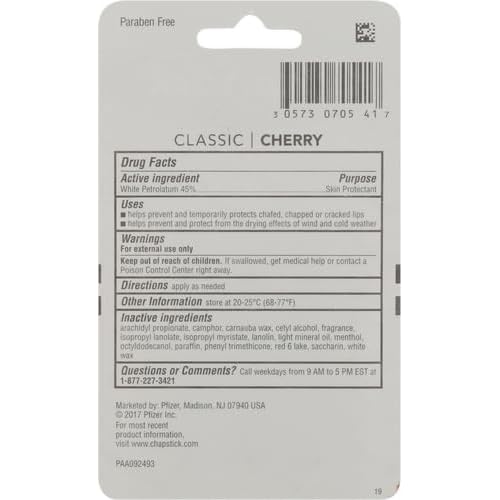 ChapStick Classic Skin Protectant Flavored Lip Balm Tube, Cherry Flavor, 0.15 Ounce (Pack of 3)