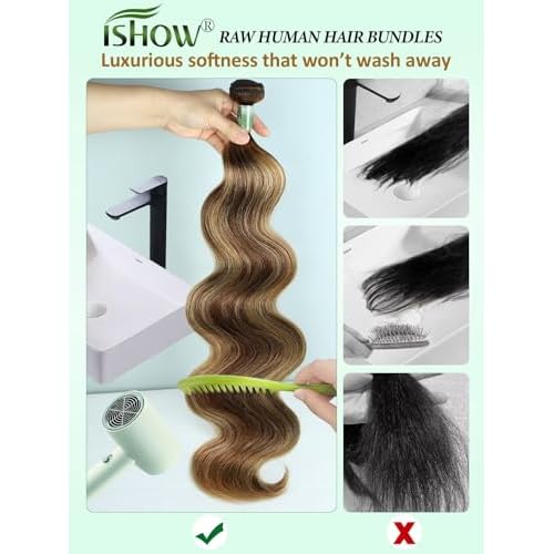 ISHOW Raw Human Hair Bundles, 100% Unprocessed Virgin Human Hair, 15A Body Wave Premium Quality Bundles Producer, 18 Inch Single Bundle, Long Lasting, Ombre Honey Blonde Color P4/27