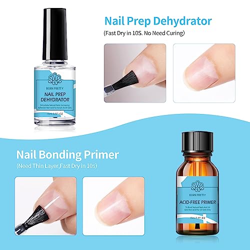 Born Pretty Nail Dehydrator and Primer, Nail Prep Dehydrator Acid Free Nail primer, Cuticle Oil for Nails, Base and Top Gel Coat Nail Supplies Functional Nail Set 5PCS