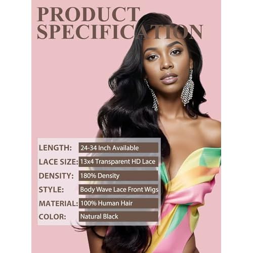 34 Inch Body Wave Lace Front Wigs Human Hair Pre Plucked 180% Density 13x4 Transparent HD Lace Front Wigs for Women Glueless Frontal Wigs with Baby Hair Natural Black Human Hair Wig