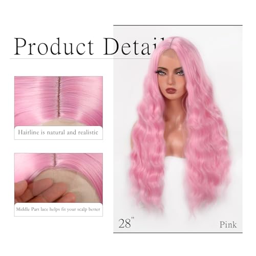 Long Wavy Pink Wig for Women 28 Inch Middle Parted Dream Pink Curly Wig Natural Looking Heat Resistant Fiber Synthetic Wig for Daily Party Halloween Cosplay Use