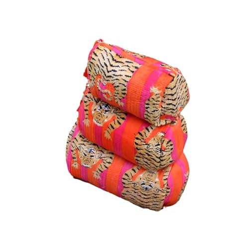 INDACORIFY Tiger Print Makeup Bag Set of 3 Pieces Indian Cotton Toiletry Bag Make up Pouch Travel Bag Quilted Wash Bag Shaving Cotton Cosmetic Kit