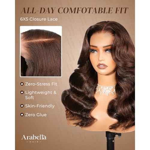Arabella 5x6 Glueless Wigs Chocolate Brown Human Hair Wig Pre Plucked Pre Cut 210% Density Glueless Wigs 100% Human Hair 12a Pre Plucked Bleached Knots Body Wave Wig Density Drawstring Wig 20inch