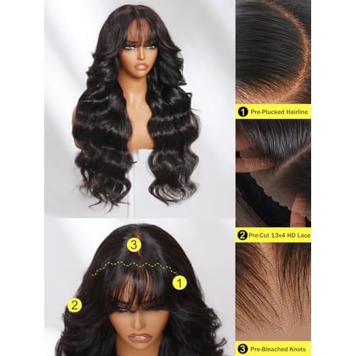 Sunber Put On and Go Glueless Wigs Pre Plucked Pre Bleached Human Hair Loose Wace With Curtain Bangs Bye Bye Knots Pre Cut Lace 13X4 HD Lace Front Wig 16Inch