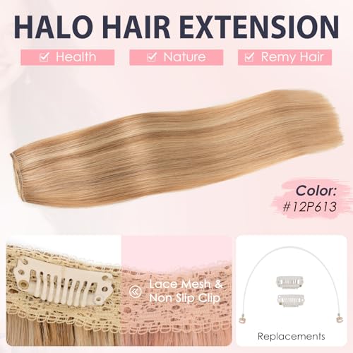 TESS Human Hair Extensions Halo Remy Hair 22 Inch Straight Adjustable Invisible Wire Easy to Use Clip in, Flax Yellow mixed Light gold