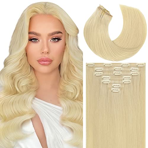 Caliee Straight Clip in Hair Extensions Human Hair 7Pcs 110G Invisible PU Weft Clip in Human Hair Extensions 60A Platinum Blonde Real Hair Extensions Clip in Human Hair for Women 18Inch