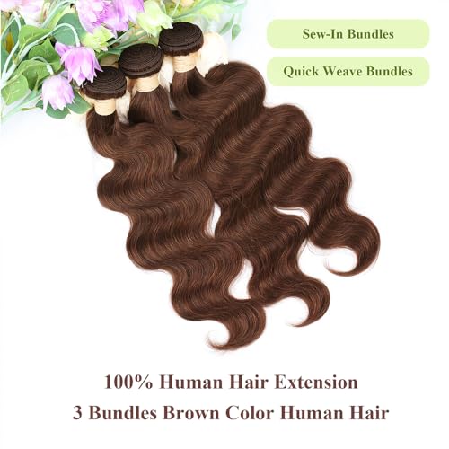 ALLRUN Brown Body Wave Bundles Human Hair 20 22 24 Inch Light Brown Hair Extension Chocolate Human Hair Body Wave 12A 100% Brazilian Unprocessed Virgin Hair Bundles Color 4#