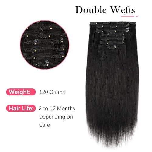 Sassina Italian Light Yaki Human Hair Clip in Extensions Natural Black Yaki Hair Clip ins for Black Women Human Hair 32 Inch Clip ins Human Hair Extensions for Full Head 120 Grams 7 Pcs with 17 Clips