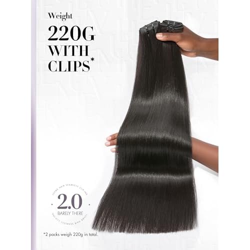 LUVME Invisible Clip in Hair Extensions, Yaki Straight Real Human Hair 18 Inch 2 Pack 220g 12pcs Clip ins Hair Extensions Natural Black for Women