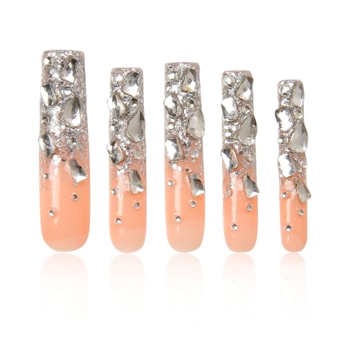 LOVFUL Stunning Bling Nails,Crystal Detailed Diamonds Press On Nails | Custom Shape | Glitter Rhinestone Nails | Gradient Pink Fake Nails| Square Long 2.2 in | H126 (L)